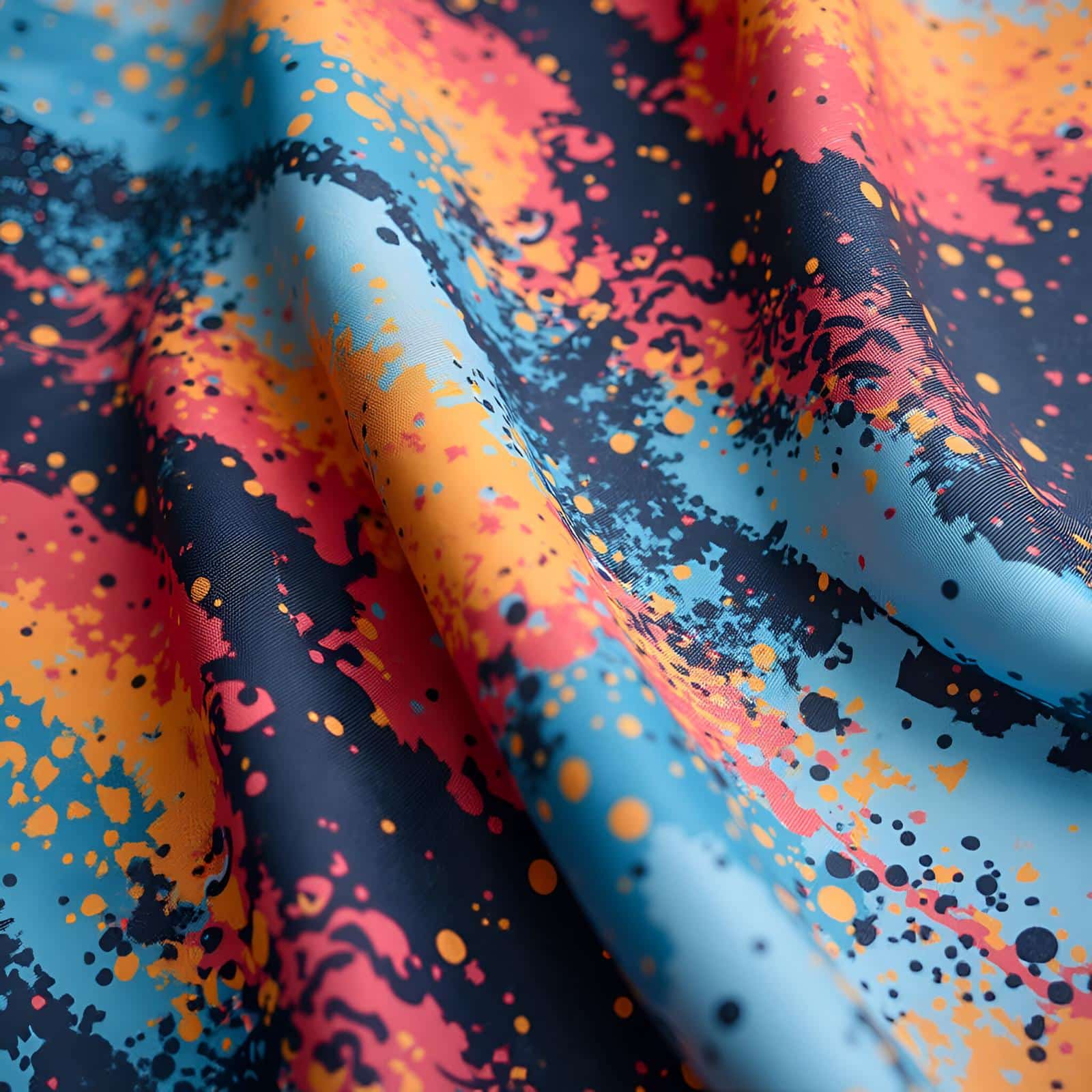 Colorful abstract splattered paint design on fabric with folds.